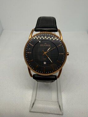 Skagen Ancher Men's 40mm Rose Gold-Tone Black Dial Date Black Leather Watch